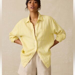 Faherty Laguna Linen Shirt Womens XL Yellow Stripe Long Sleeve Button Up NWT